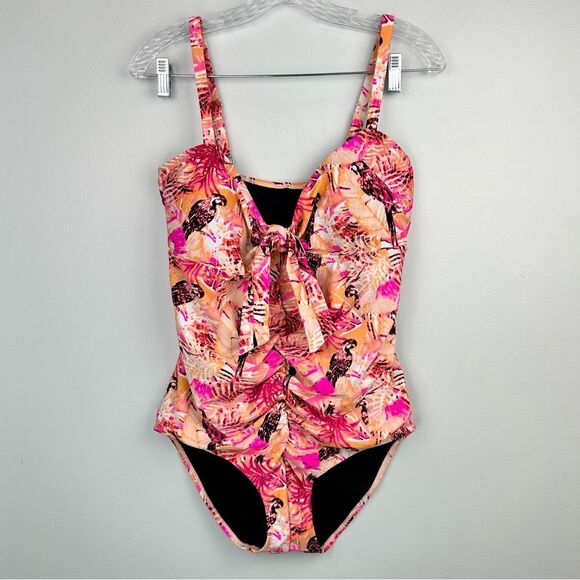 Simply Fit NWT Tie Front One Piece Swimsuit Parrots Floral Palm Size 2X - Picture 1 of 15
